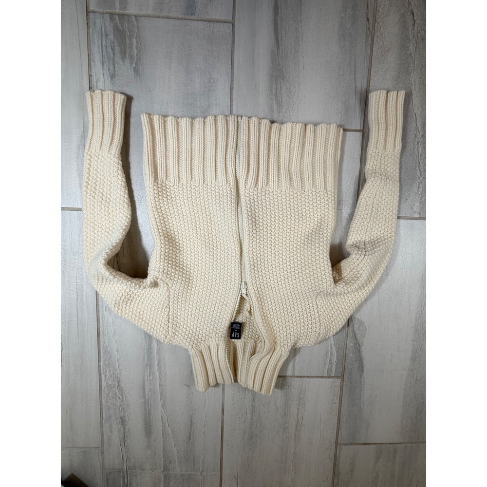 Gap Vintage 100% Lambswool Chunky Knit Full Zip Sweater Cream White Womens Med